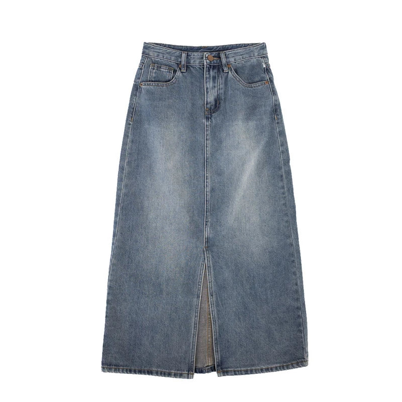 Women's Denim Wrap Skirts Retro High Waisted Split A-line Denim Skirt Autumn Fashion Straight Skirt Female