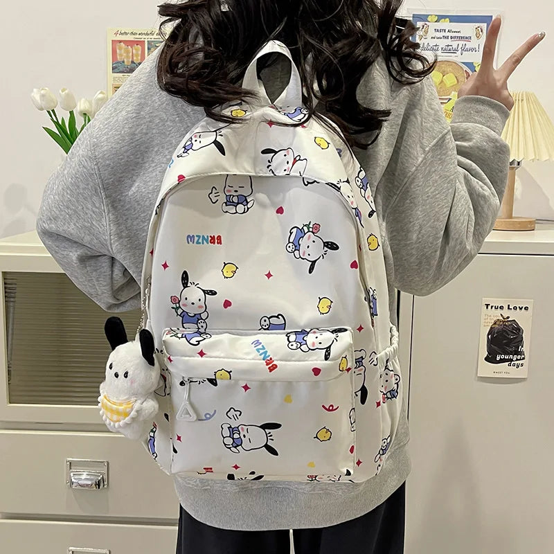 Kawaii Canvas Backpack – Hello Kitty, Kuromi, Melody & Cinnamoroll Charm for Kids & Teens!