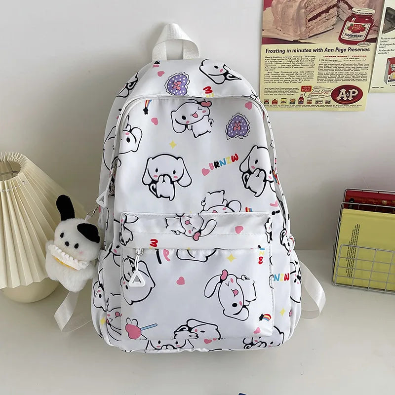 Kawaii Canvas Backpack – Hello Kitty, Kuromi, Melody & Cinnamoroll Charm for Kids & Teens!