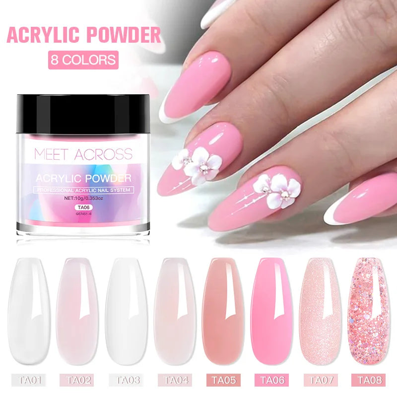 French Fade Acrylic Powder – 10g MEET ACROSS Set in Clear, Pink & White for DIY Nail Art