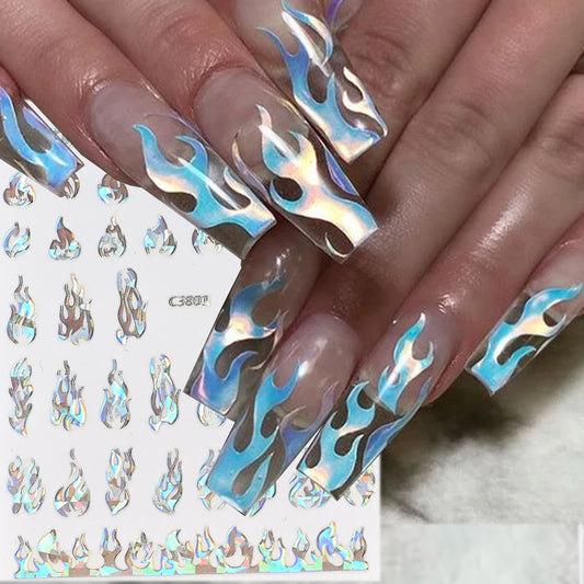 Glitter Flame Nail Art Set – Self-Adhesive Silver Stickers with Butterfly Foil for Manicure Magic