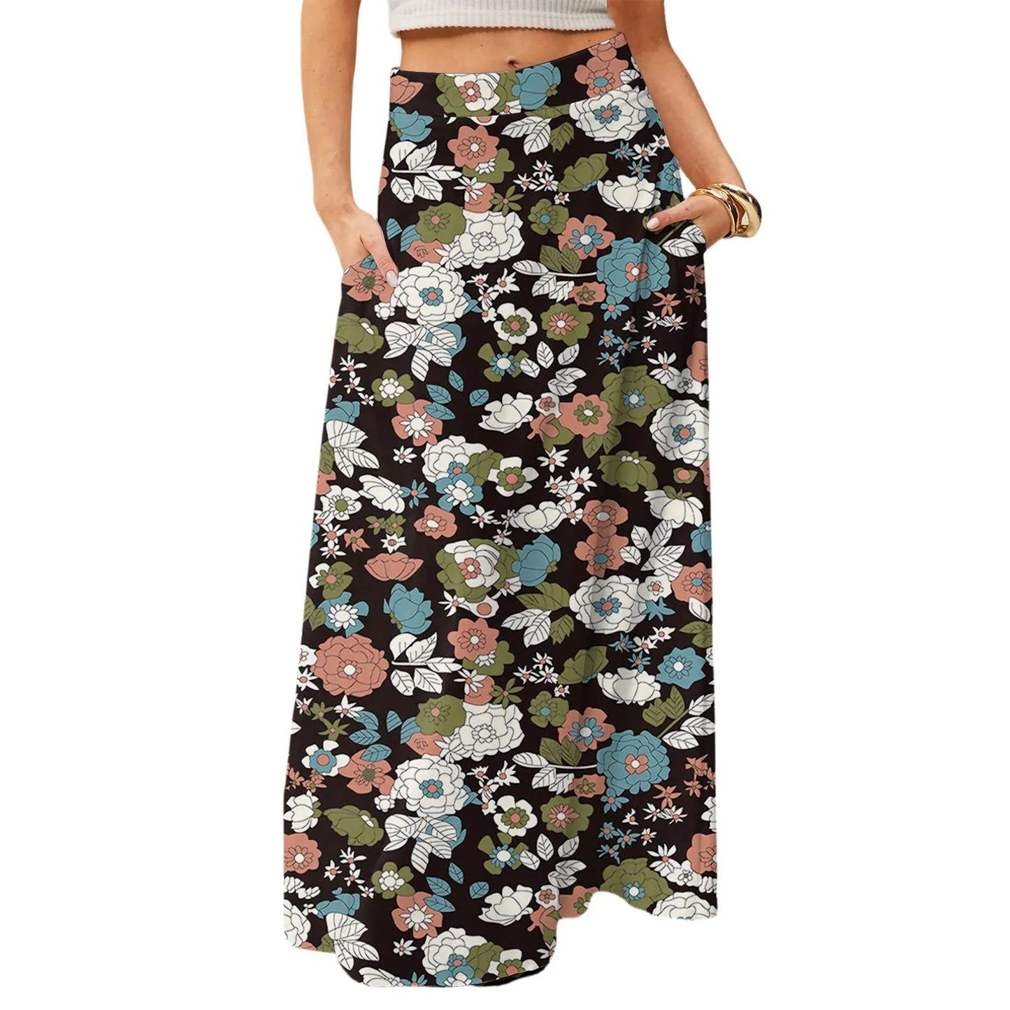 Women's Straight Skirt Casual Summer Floral Print Bohemian Skirt Flowing Maxi Skirts with pockets High waist Elastic skirt