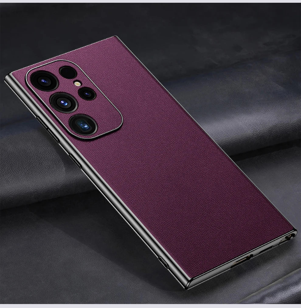 Leather Phone Case for Samsung Galaxy S25 S24 S23 Ultra S22 Plus Luxury Plating Soft Edges Shockproof 360 Full Protective Cover