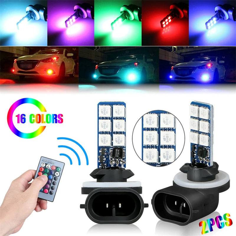 2Pcs Car Fog Light Bulbs H8 9005 881 1156 1157 RGB Car Driving Running Light DRL Lamp Foglamps Auto Leds Lamp Remote Control 12V