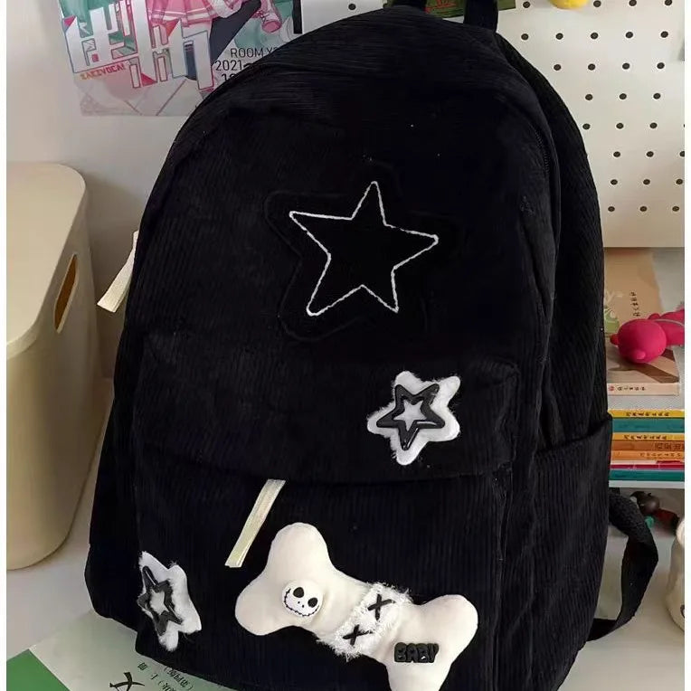 Starry Y2K Corduroy Backpack – Big Space, Bold Style for Trendy Teens!