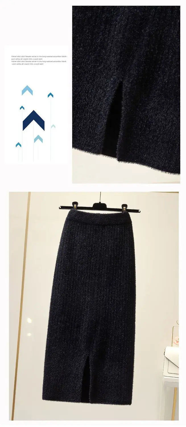 Mink velvet skirt female autumn and winter mid-length knitted one-step skirt split straight winter skirt casual solid long skirt