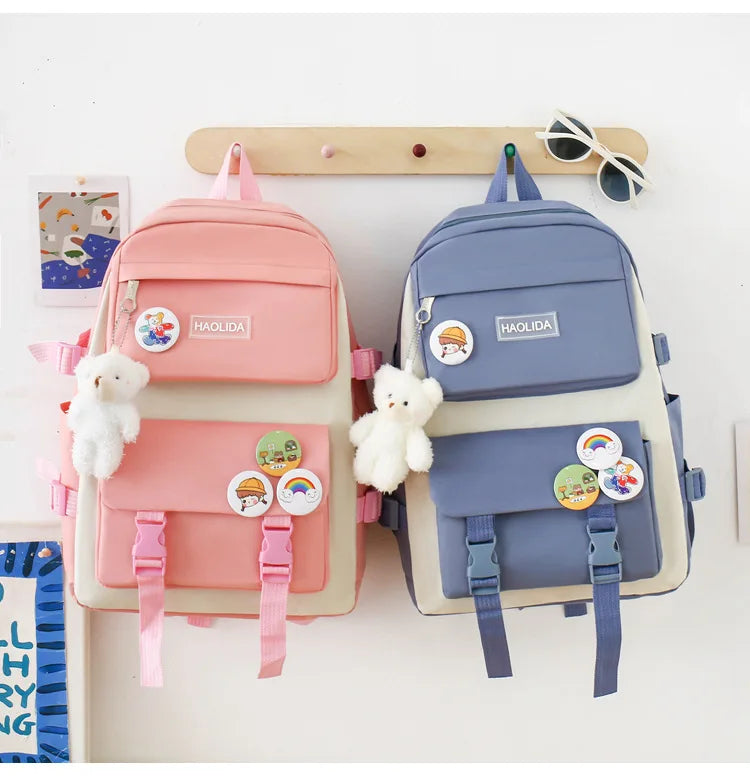 Autumn New Canvas Backpack Women's Korean Version Large Capacity Five-Piece Set Middle School Student Backpack College Student S