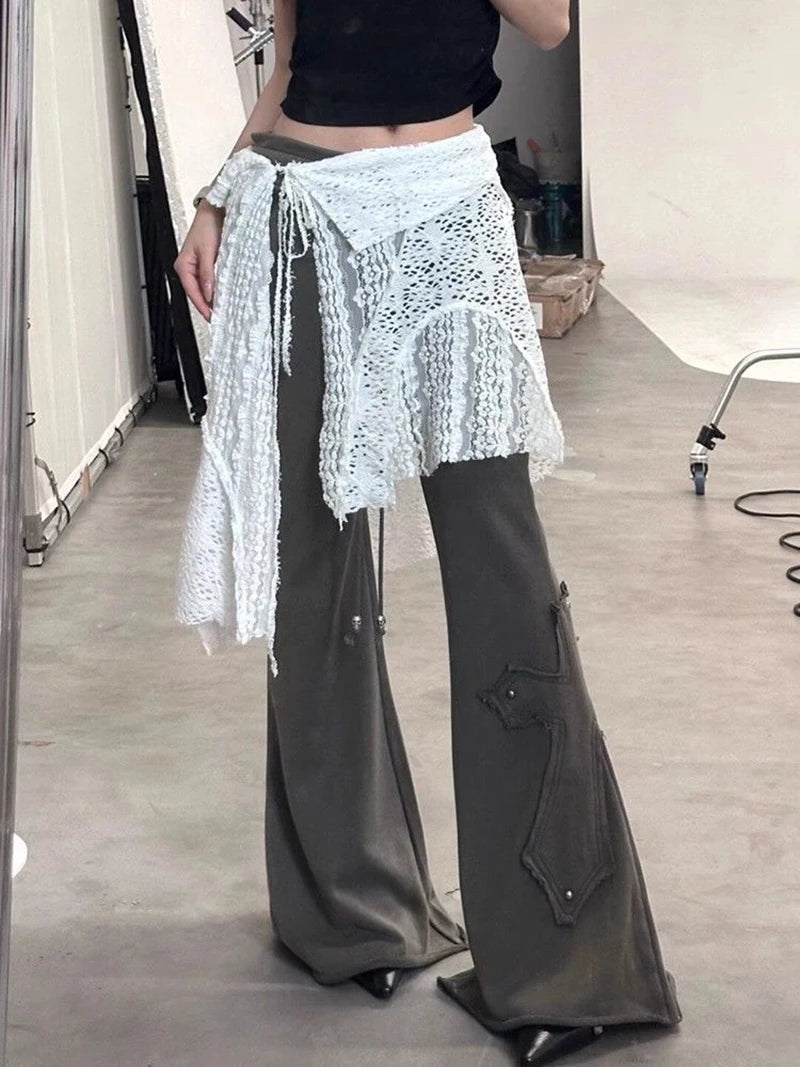 MEXZT Y2K Irregular Mini Skirts Women Harajuku Aesthetic White Lace Tulle Bandage Skirt Japanese Vintage Hollow Out Faldas New