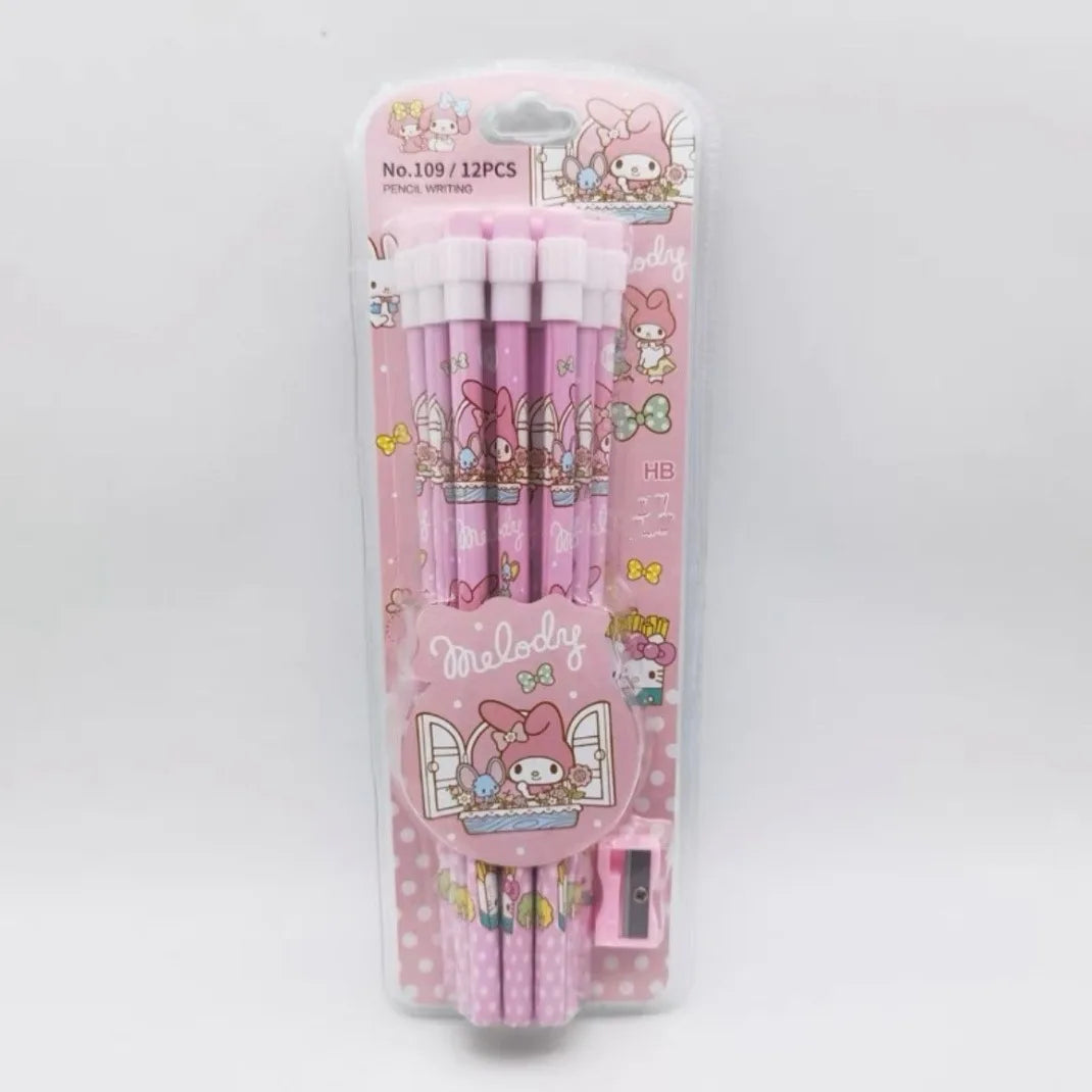 Sanrio HB Pencil Set – 12 Cute Cinnamoroll & Kuromi Pencils + 1 Roller Box for Writing & Drawing Fun