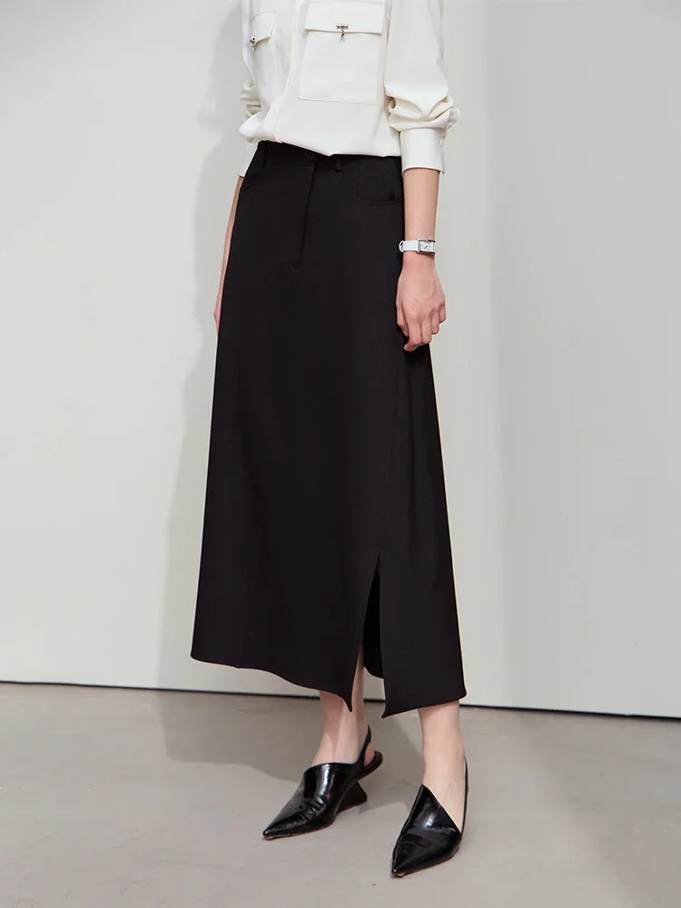 Amii Minimalist Spring New Commuter Asymmetrical Oblique Placket Split Skirt Non Ironing Anti Wrinkle A Shape Skirt 12551003
