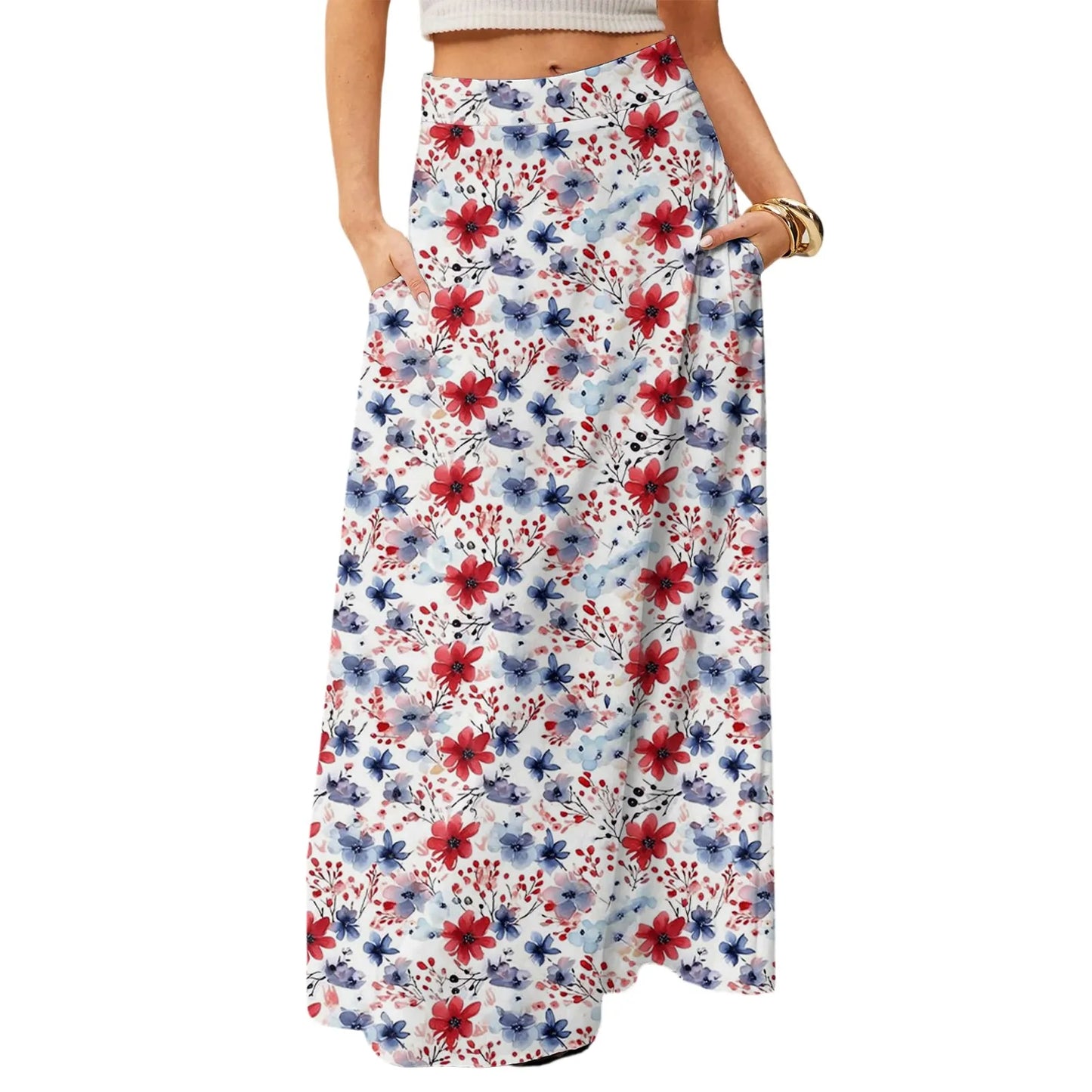 Women's Straight Skirt Casual Summer Floral Print Bohemian Skirt Flowing Maxi Skirts with pockets High waist Elastic skirt