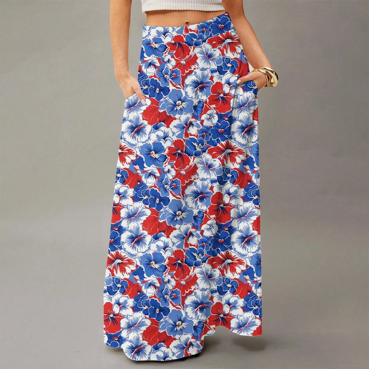 Women's Straight Skirt Casual Summer Floral Print Bohemian Skirt Flowing Maxi Skirts with pockets High waist Elastic skirt