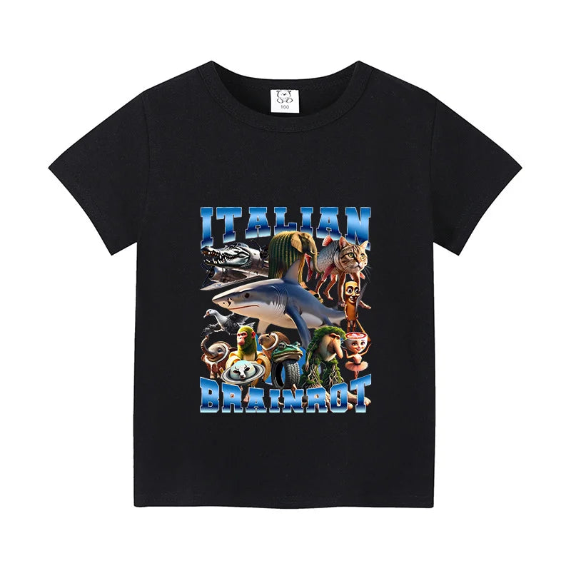 Italian Brainrot Animals Kids Cotton T-shirt Cappuccino Assassino  Tops for Kids Funny Cartoon Print Cute Tee Summer Clothing