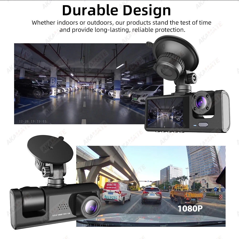 Car DVR 3 Cameras Recorder Rear Inside Vehicle 3-Lens Dash Cam Three Way Camera DVRs Dashcam 3 Channel Video Camcorde 1080P HD