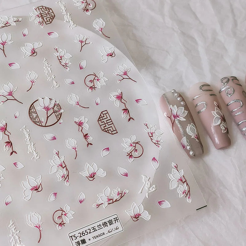 5D Magnolia Nail Art – Soft White Florals with Embossed Texture