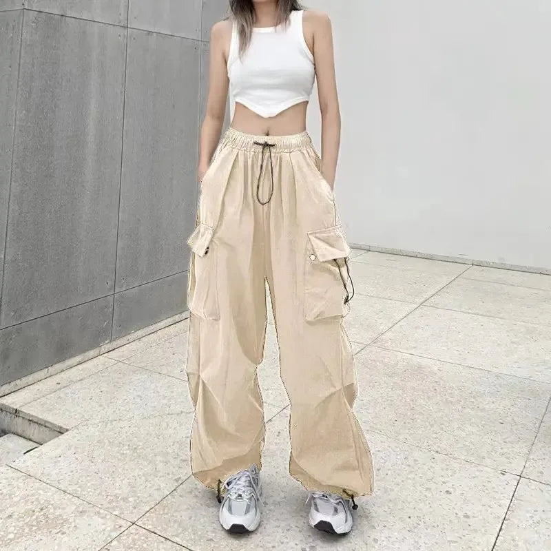 Women Casual Joggers Tech Pants Solid Low Waist Pants Drawstring Wide Leg Baggy Trousers Y2k Streetwear Oversize Sweatpants
