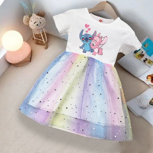 2025 New Girls Dress Summer Kids Clothes Children Princess Baby Stitch Fashion Stich Short Sleeve Party Dresses Rainbow 2-8Y