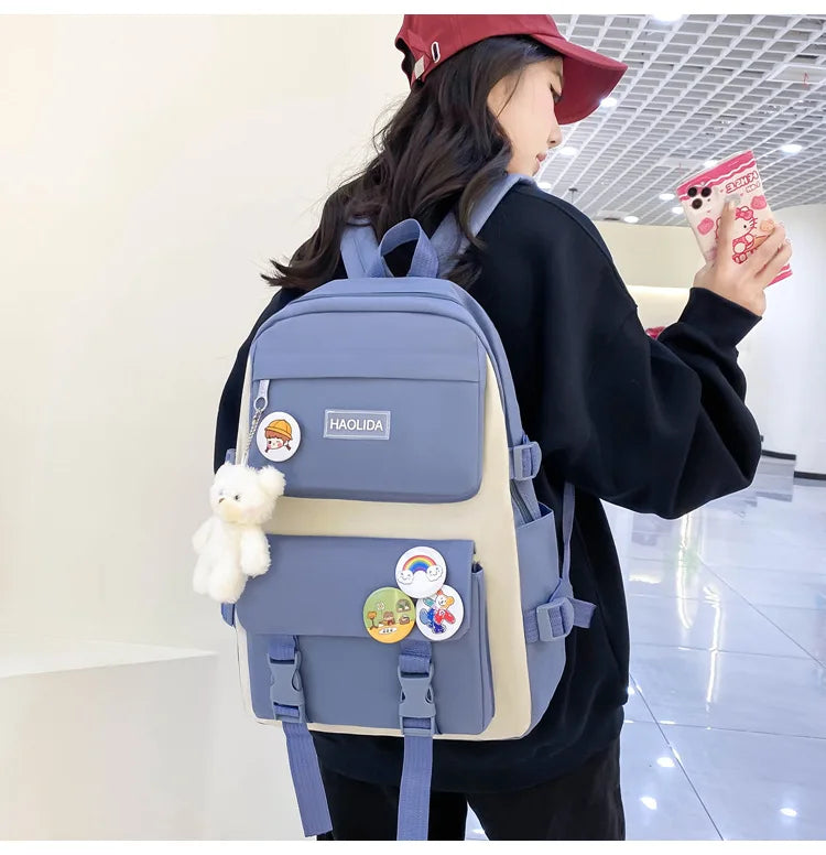 Autumn New Canvas Backpack Women's Korean Version Large Capacity Five-Piece Set Middle School Student Backpack College Student S