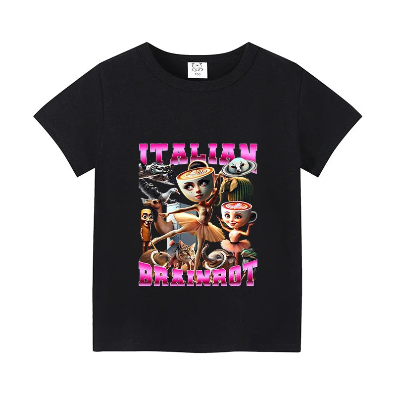 Italian Brainrot Animals Kids Cotton T-shirt Cappuccino Assassino  Tops for Kids Funny Cartoon Print Cute Tee Summer Clothing