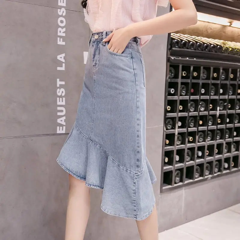 Female Jeans Skirts Coquette Chubby Midi Women's Denim Skirt Sexy New in Vintage Aesthetic Y2k 2024 Trend Summer A Line Casual V