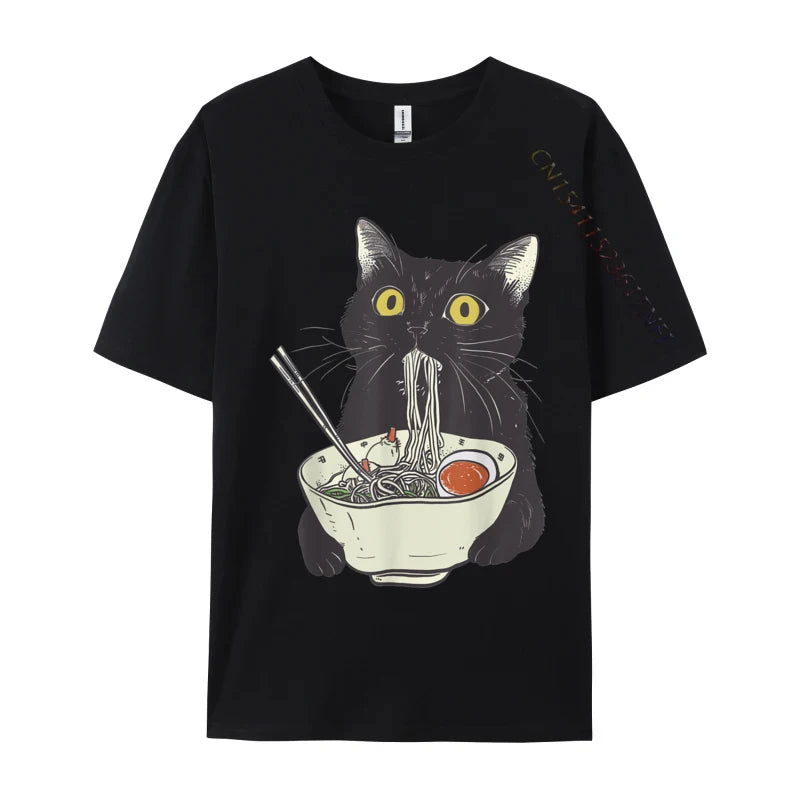 Funny Cat Eating Ramen Vintage Japanese Noodles Geek Normal All Cotton Mens Tops T Shirt Casual Tees 2024 Hot Sale T Shirts