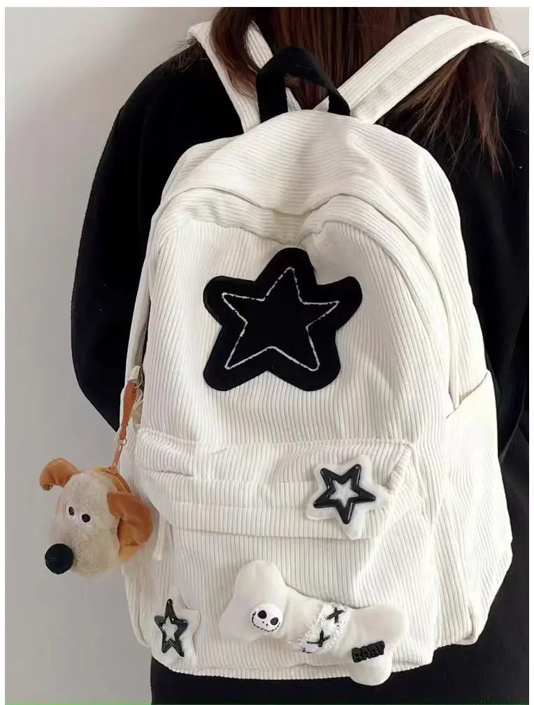 Starry Y2K Corduroy Backpack – Big Space, Bold Style for Trendy Teens!