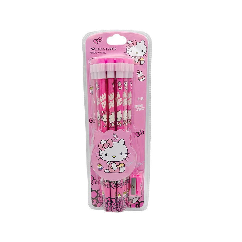 Sanrio HB Pencil Set – 12 Cute Cinnamoroll & Kuromi Pencils + 1 Roller Box for Writing & Drawing Fun