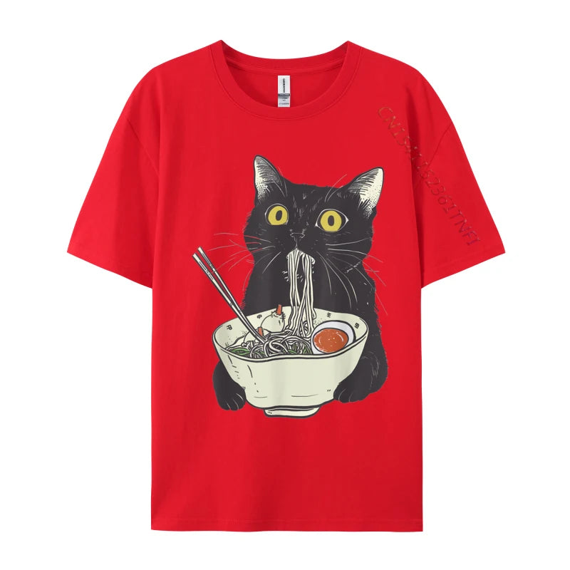 Funny Cat Eating Ramen Vintage Japanese Noodles Geek Normal All Cotton Mens Tops T Shirt Casual Tees 2024 Hot Sale T Shirts