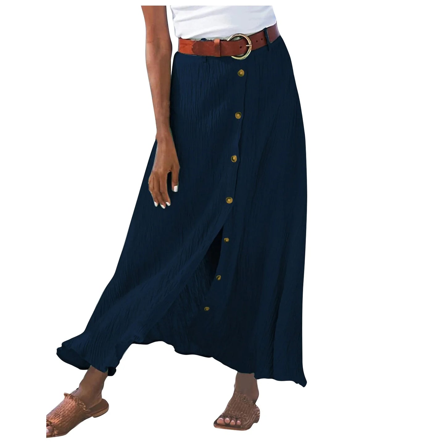 Women'S Half Skirt Midi Skirts For Women Bohemian Skirt High Waist Party Beach Button Skirt Women'S Loose Cotton And Linen Skirt