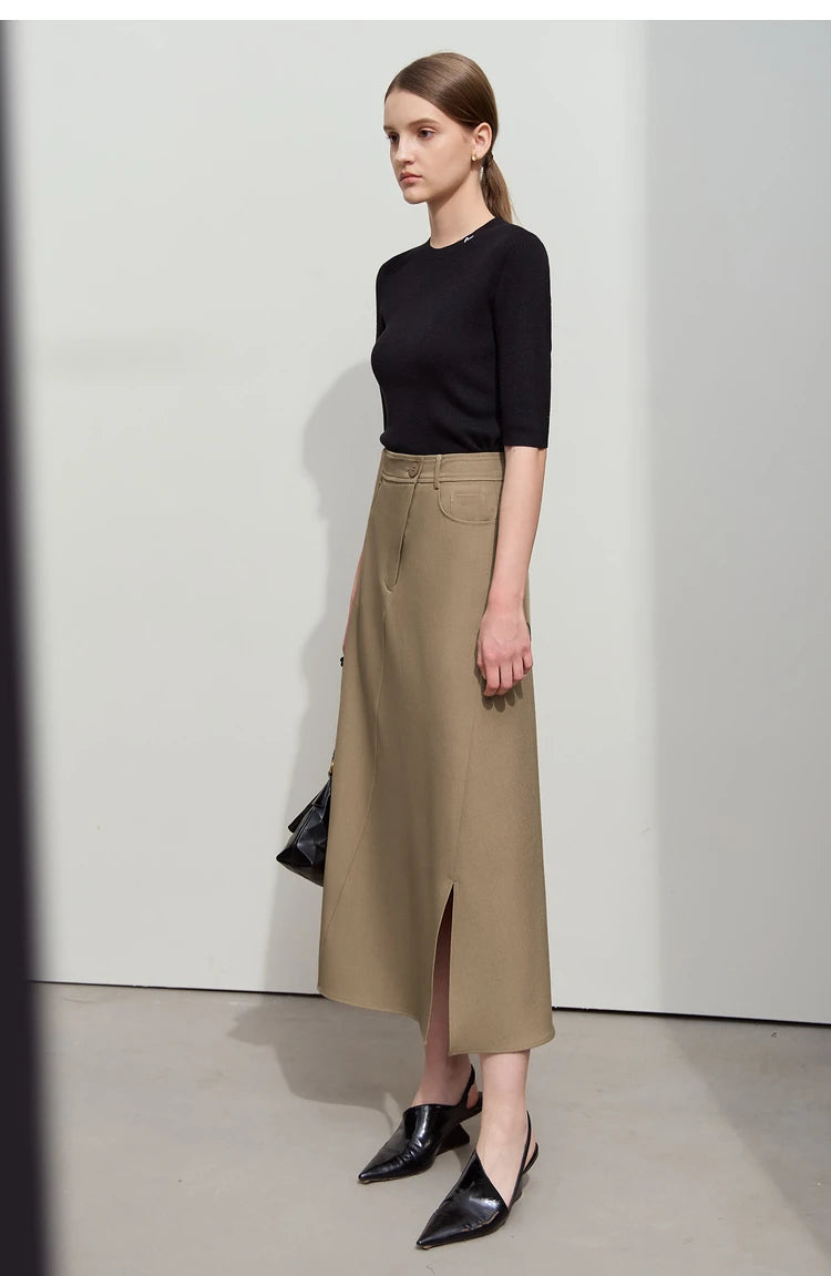 Amii Minimalist Spring New Commuter Asymmetrical Oblique Placket Split Skirt Non Ironing Anti Wrinkle A Shape Skirt 12551003