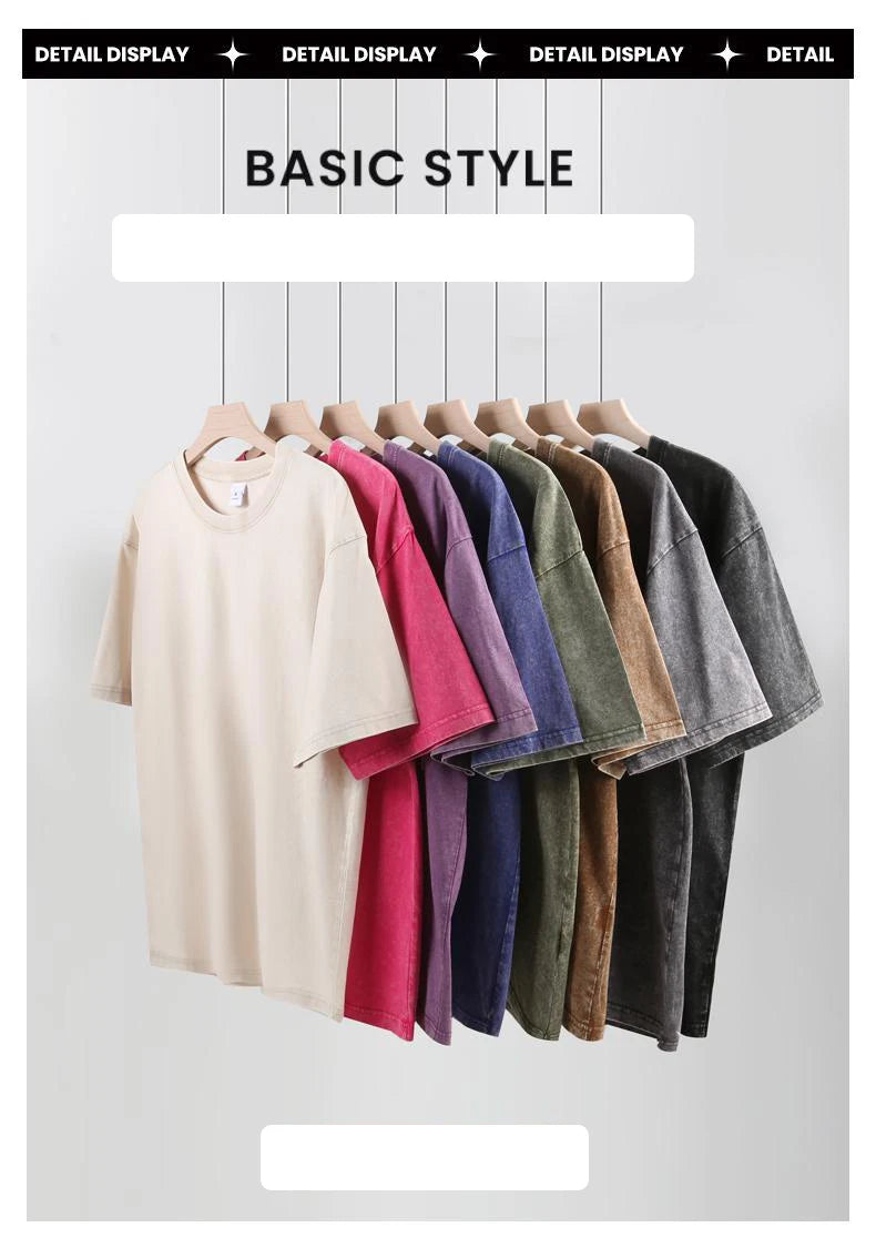 Washed Vintage T-Shirts Men's Street Hip Hop Retro Punk T Shirt Harajuku Casual 250gsm Cotton Short Sleeve Acid Wash TShirts Top