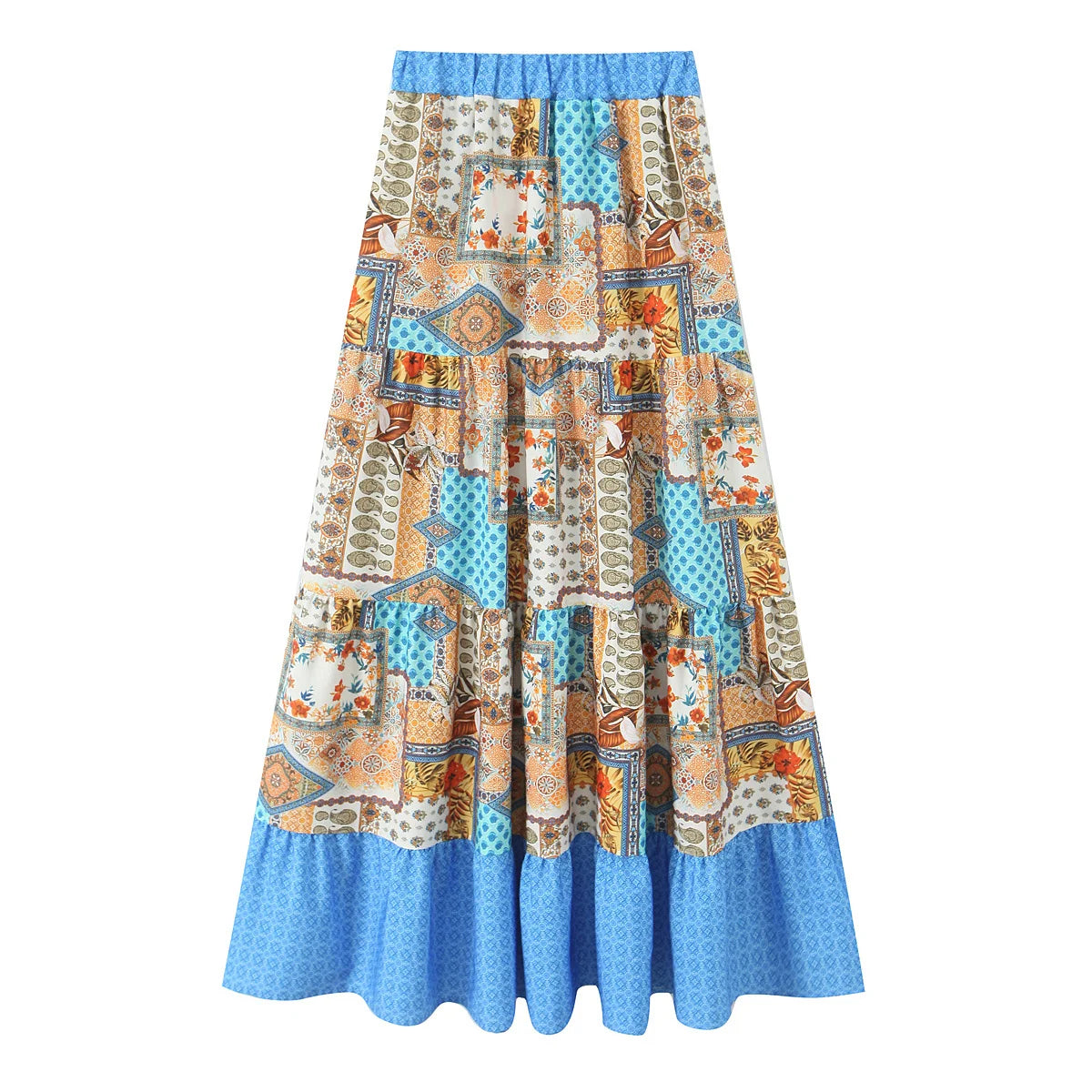 Elegant Women Holiday Wind Floral Print Tirred Ruffles Long Skirt Faldas Mujer Female Summer Elastic Waist Skirts QUN9083