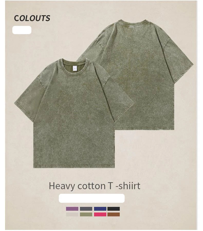 Washed Vintage T-Shirts Men's Street Hip Hop Retro Punk T Shirt Harajuku Casual 250gsm Cotton Short Sleeve Acid Wash TShirts Top