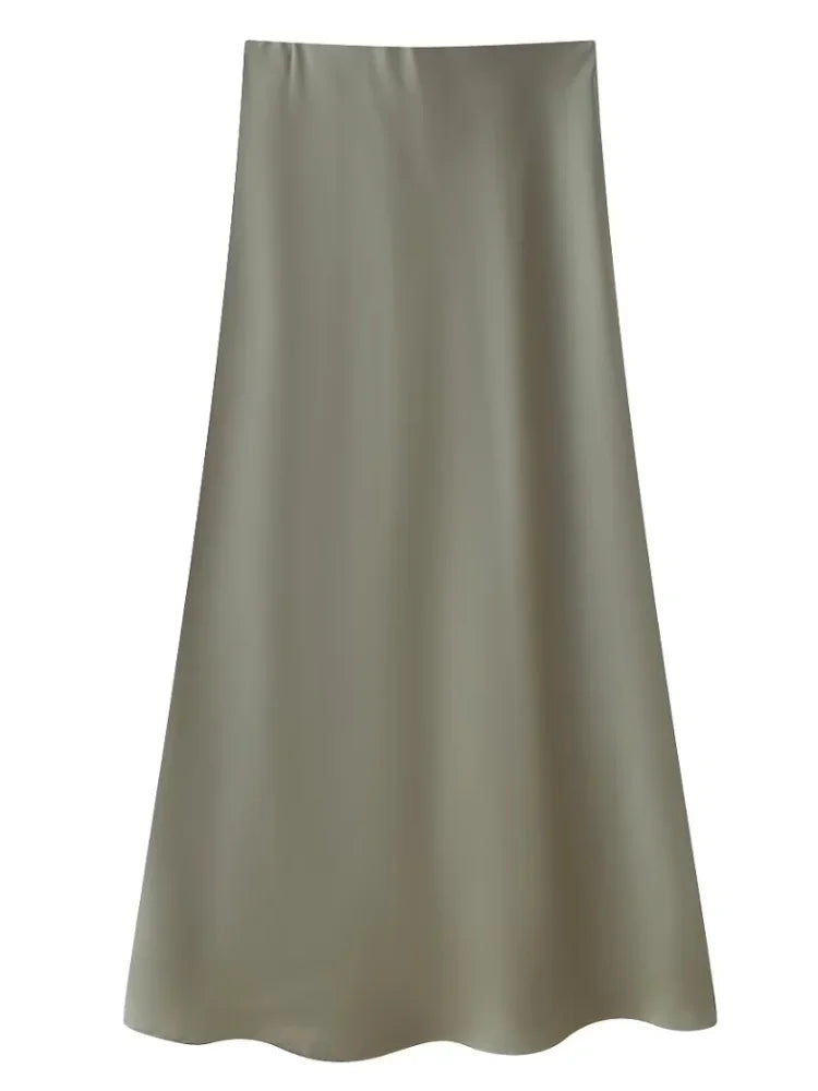 Zevity 2024 Women Fashion Soft Touch Satin A Line Midi Skirt Faldas Mujer Female Solid Elastic Waist Slim Party Vestidos QUN6227