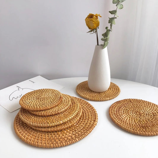 Rattan Table Mats Round  Placemat for Home Office Coffee Cup Pad Handmade Woven Insulation Heat Coasters  Dinner Table Decor