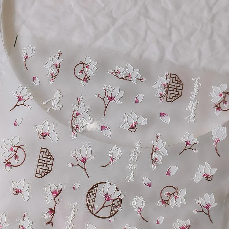 5D Magnolia Nail Art – Soft White Florals with Embossed Texture