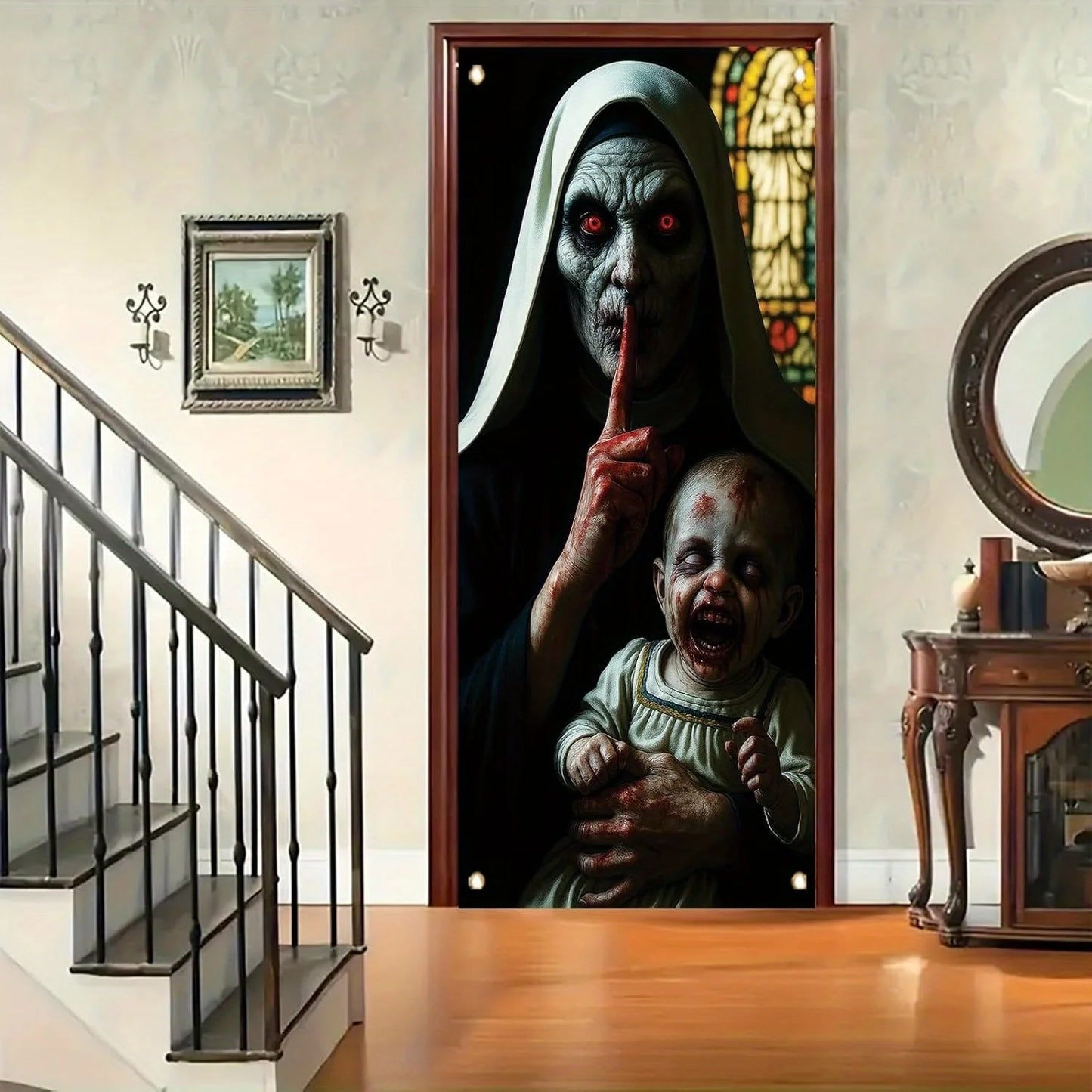 One Halloween door decoration, a terrifying zombie peeping banner, eerie monsters, a front door curtain, terrifying decorations