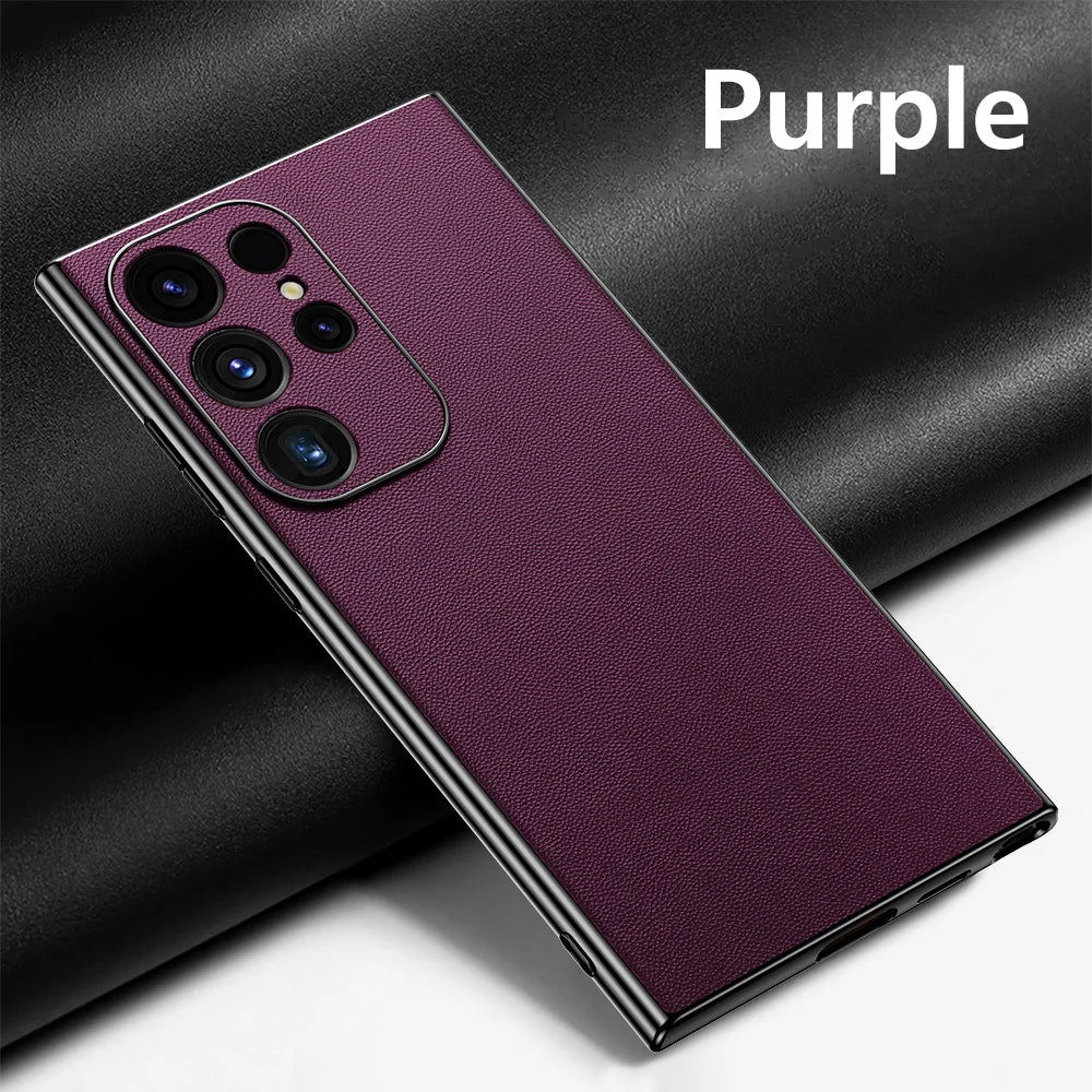 Leather Phone Case for Samsung Galaxy S25 S24 S23 Ultra S22 Plus Luxury Plating Soft Edges Shockproof 360 Full Protective Cover