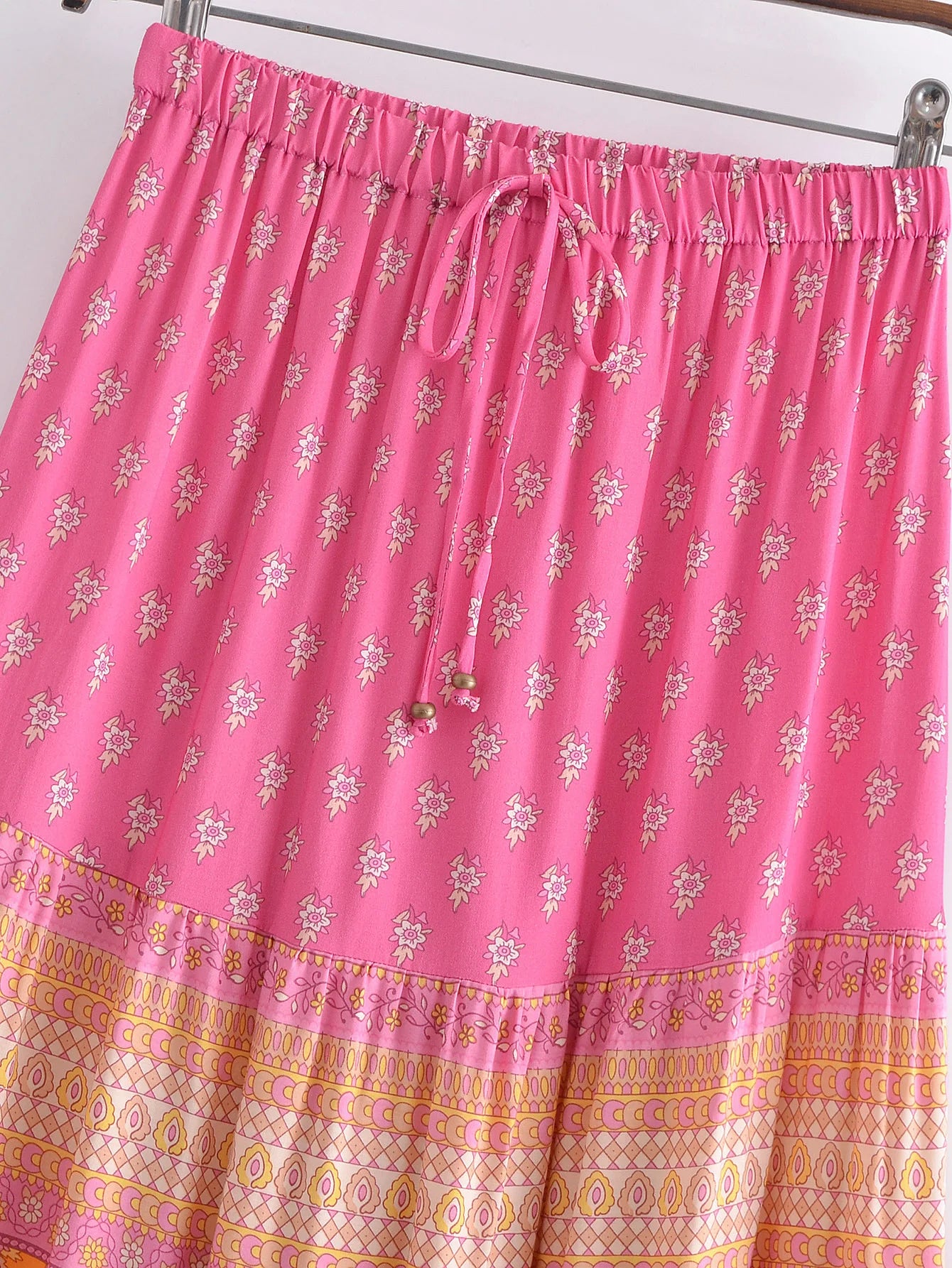 2022 BOHO Orange Flower Print Long Skirt Spliced Ruched Ruffle Hem Hippie Women Ball Tassel Bow Waist Swing Skirts Holiday