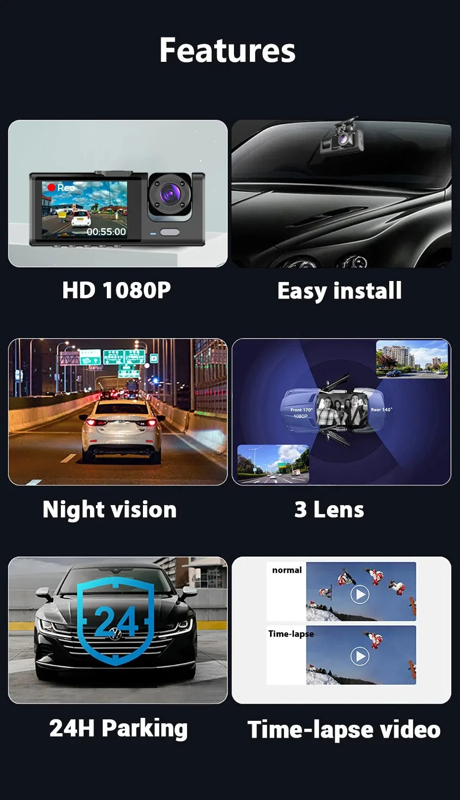 Car DVR HD 1080P tachograph 3 lens 2.0-inch IPS recorder tachograph Rearview mirror Driving recorder night vision