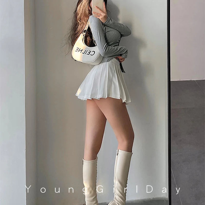 ZOKI Pleated Skirt with Shorts Women Sexy High Waist Irregular White Black A-line Gyaru Tennis extreme Mini Skirt School
