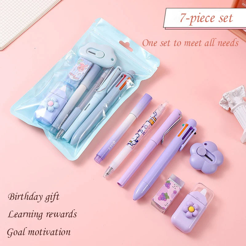 7-Piece Kawaii Korean Stationery Set – Cute Essentials for Students, Office & Study with Souvenir-Style Charm