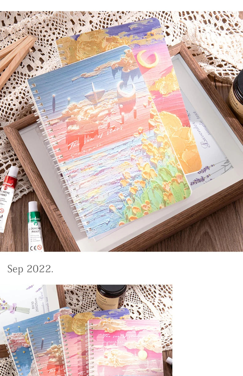 A5 Oil Painting Cover Coil Lined Notebook Set 1/2 Random Cute Books Kawaii Korean Stationery School Supplies for Students