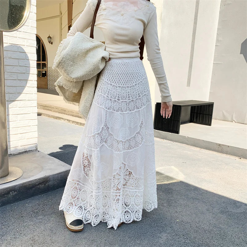 SMTHMA New Korean Retro French Hook Flower Hollow Design Elastic Knitted Skirt Women's Elastic High Waist A-line Long Skirt
