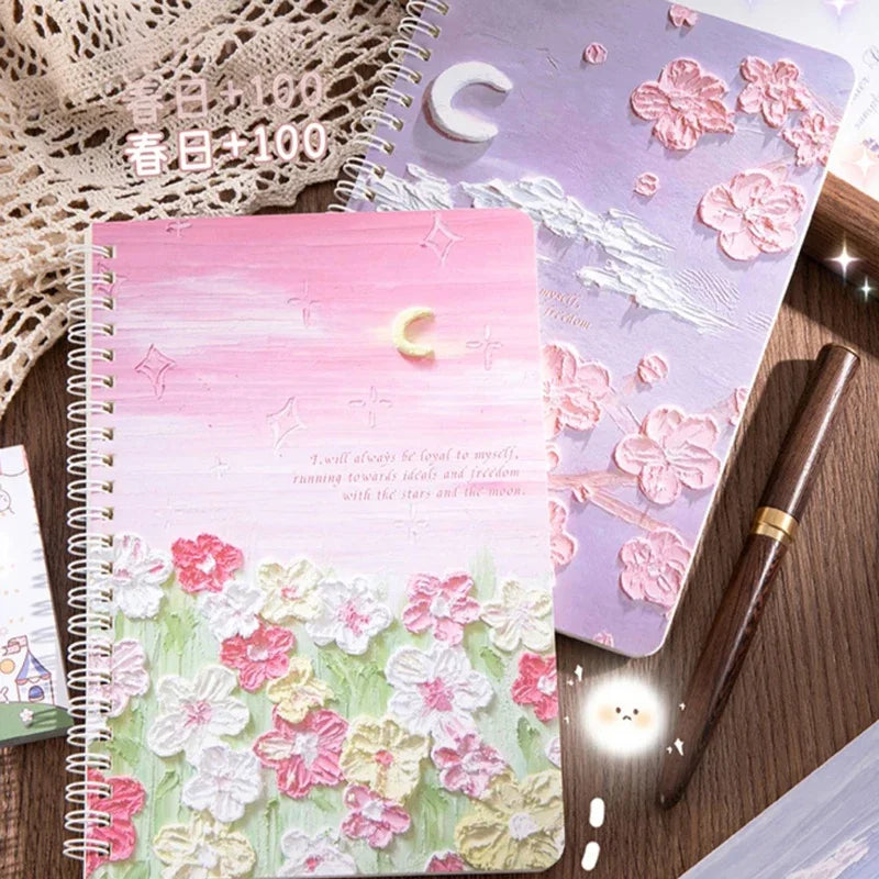 A5 Oil Painting Cover Coil Lined Notebook Set 1/2 Random Cute Books Kawaii Korean Stationery School Supplies for Students