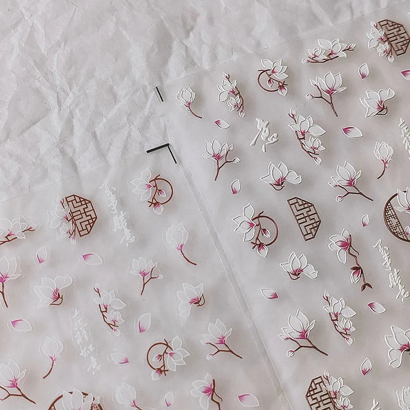 5D Magnolia Nail Art – Soft White Florals with Embossed Texture