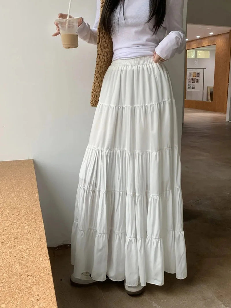 Summer High Waist White Mini Skirt Women Fashion Korean Patchwork A-Line Skirts Female Summer Solid Elegant All-Match Long Skirt