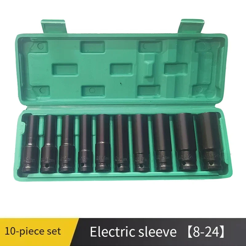 Socket wrench set, universal socket wrench set, deep-slot socket wrench set, pneumatic maintenance tool wrench 10-piece set