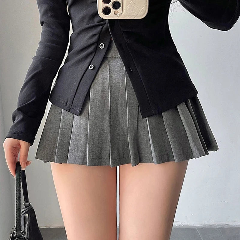 ZOKI Pleated Skirt with Shorts Women Sexy High Waist Irregular White Black A-line Gyaru Tennis extreme Mini Skirt School