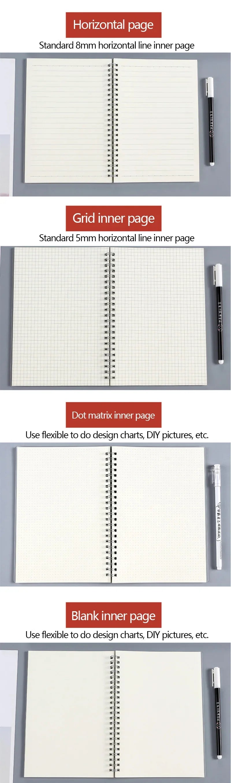 Multi-Style Spiral Notebook Set – A5/A6/B5 Journals with Lined, Dot, Grid & Blank Pages for School, Office & Creative Stationery Lovers